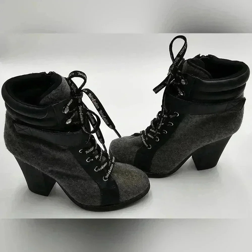 Juicy Couture Womens Size 6.5 Lace Up Grey Wool Heeled Boots - Picture 3 of 7